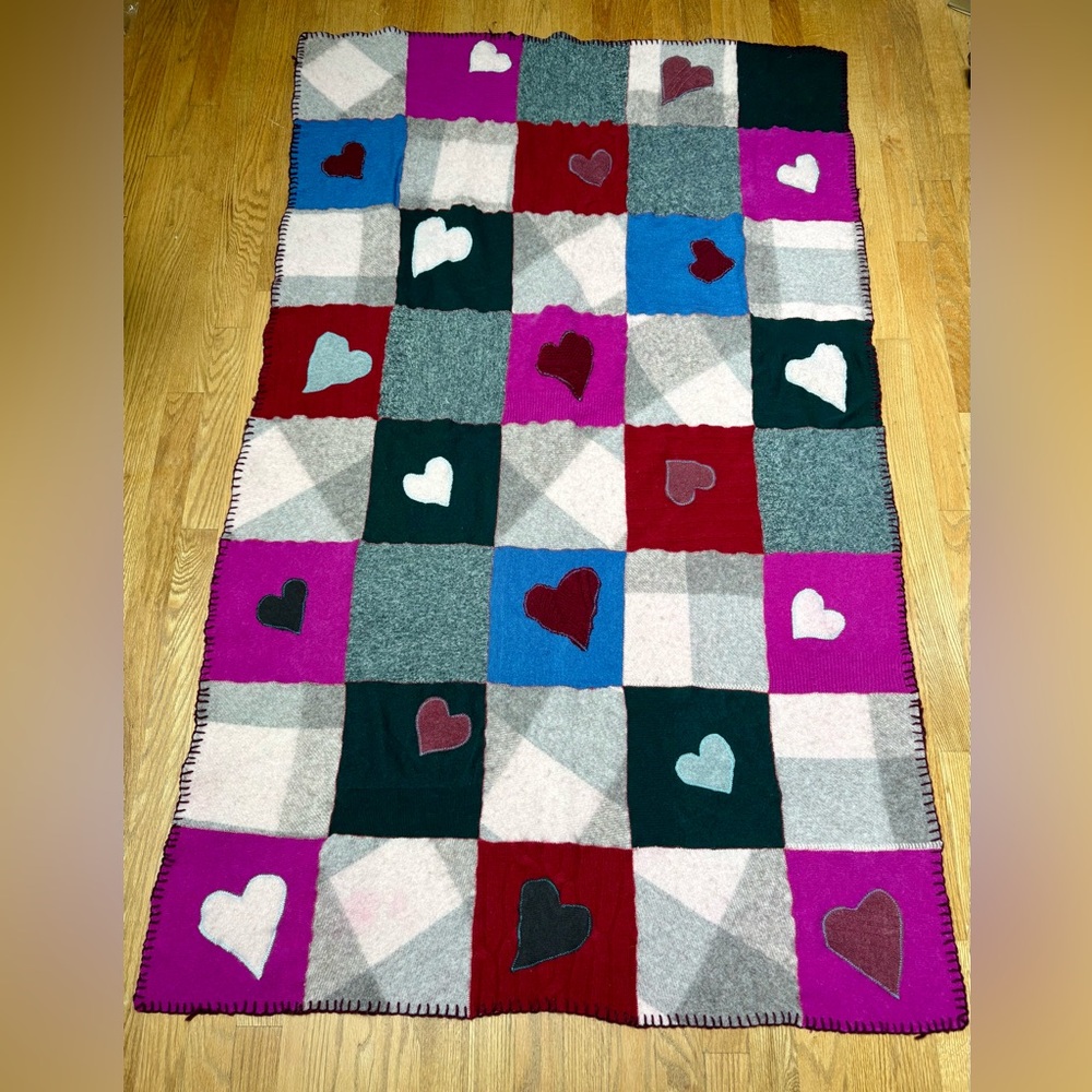 Patchwork Handmade Wool Cashmere Sewn Heart Upcycle Throw Blanket OOAK 47”x68”